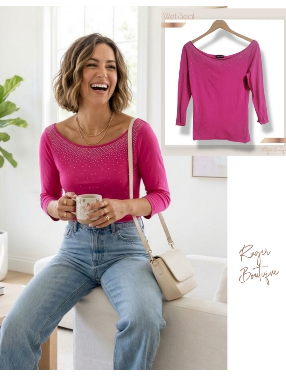 🌿Wet Seal Women’s Large Hot Pink Bedazzled Top Scoop Neck 3/4 Sleeve Cotton Y2K